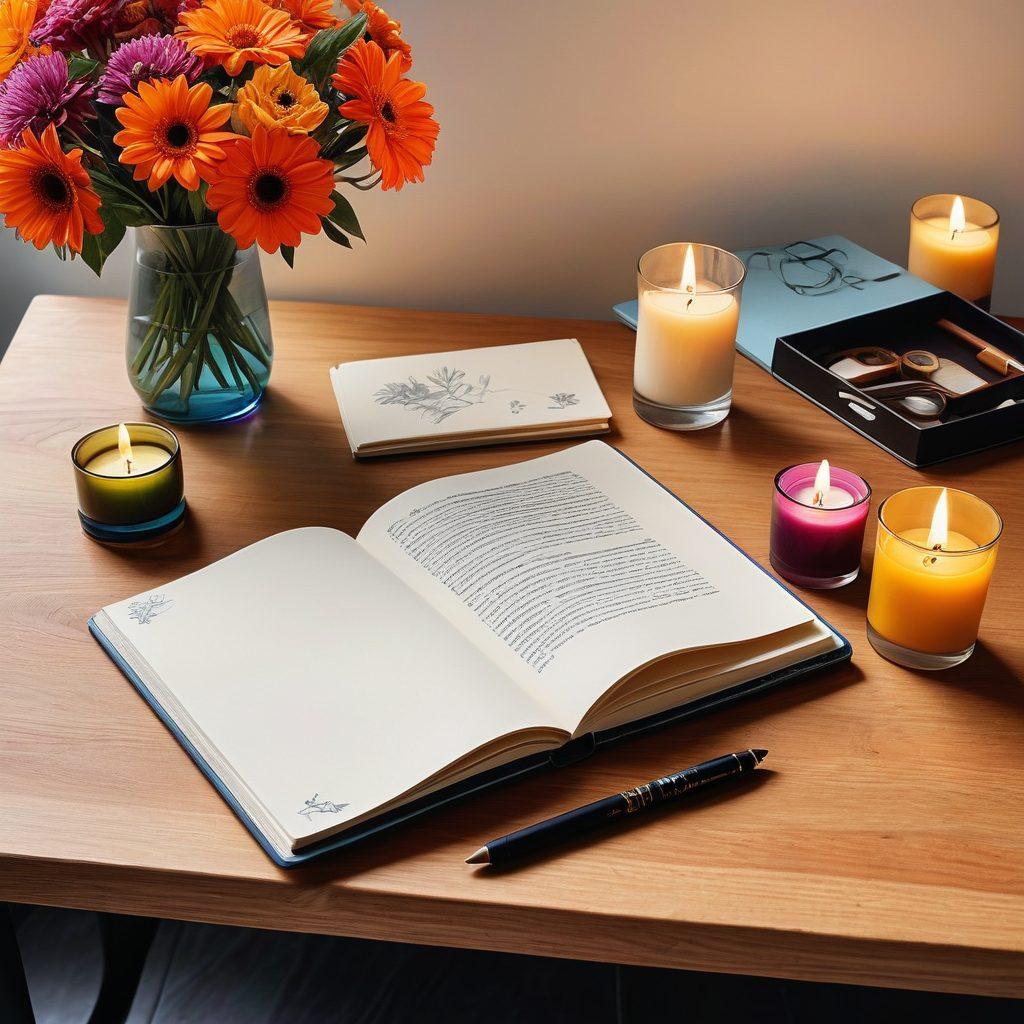 A sleek, minimalist desk featuring a beautifully crafted notebook with elegant hand-drawn designs and aesthetic summaries sketched inside. Surrounding the desk are vibrant flowers and candles, creating a cozy ambiance. Soft, natural light floods the scene, casting gentle shadows while enhancing the overall aesthetic appeal. Emphasize a modern, artistic feel. super-realistic. vibrant colors.