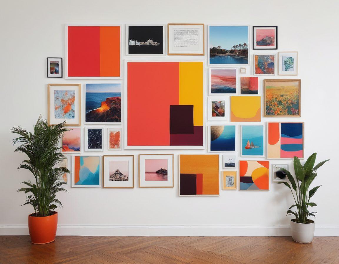 A visually striking collage that showcases various beautiful summaries of artwork, each framed elegantly. Include a bright, colorful palette of visuals that represent the essence of different art forms like painting, sculpture, and photography. Incorporate design elements such as minimalist text overlays that signify key points, with a soft gradient background. The scene should evoke inspiration and creativity. vibrant colors. modern composition.