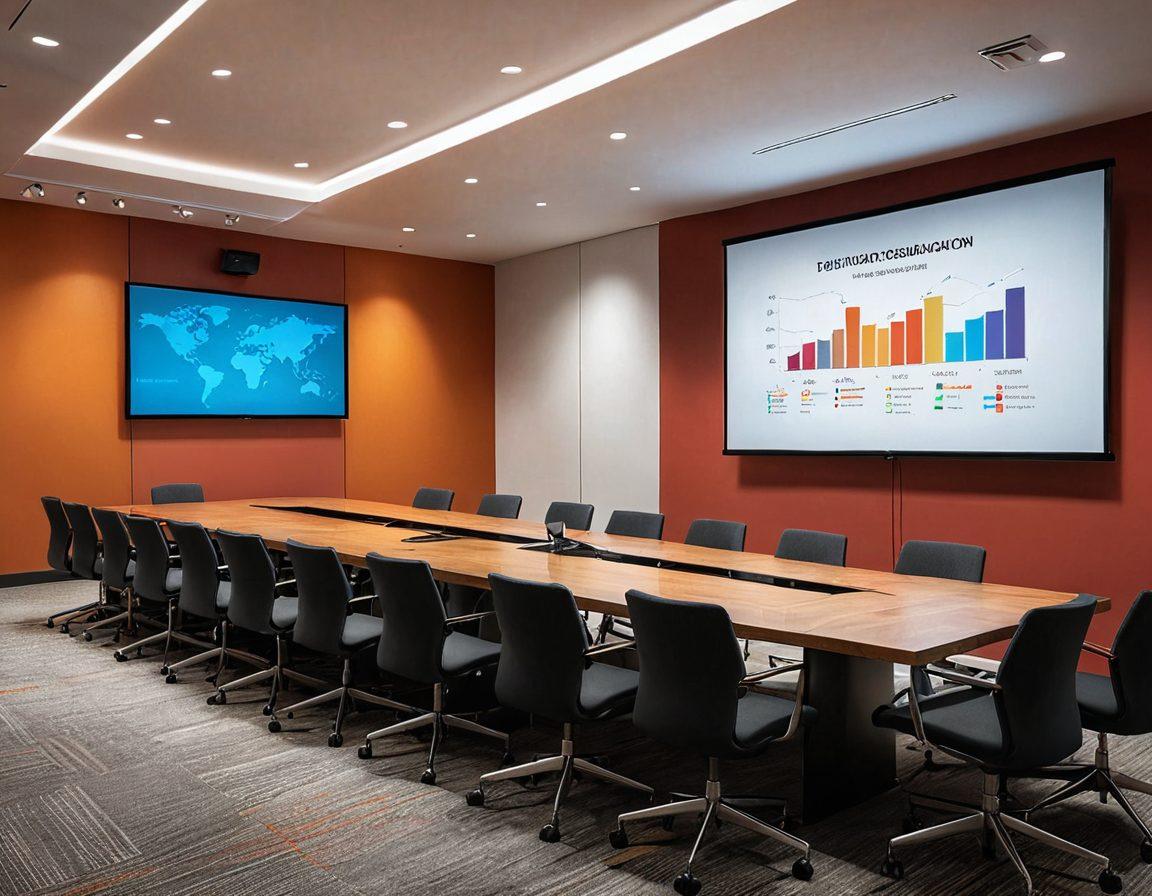 A sleek, modern conference room showcasing a captivating brief presentation on a large screen, with an engaged audience of diverse professionals. Elements like colorful graphs, animated infographic designs, and a simple yet elegant layout that represents the charm of succinctness. Soft lighting to create a warm atmosphere, reflecting the power of effective communication. vibrant colors. 3D.
